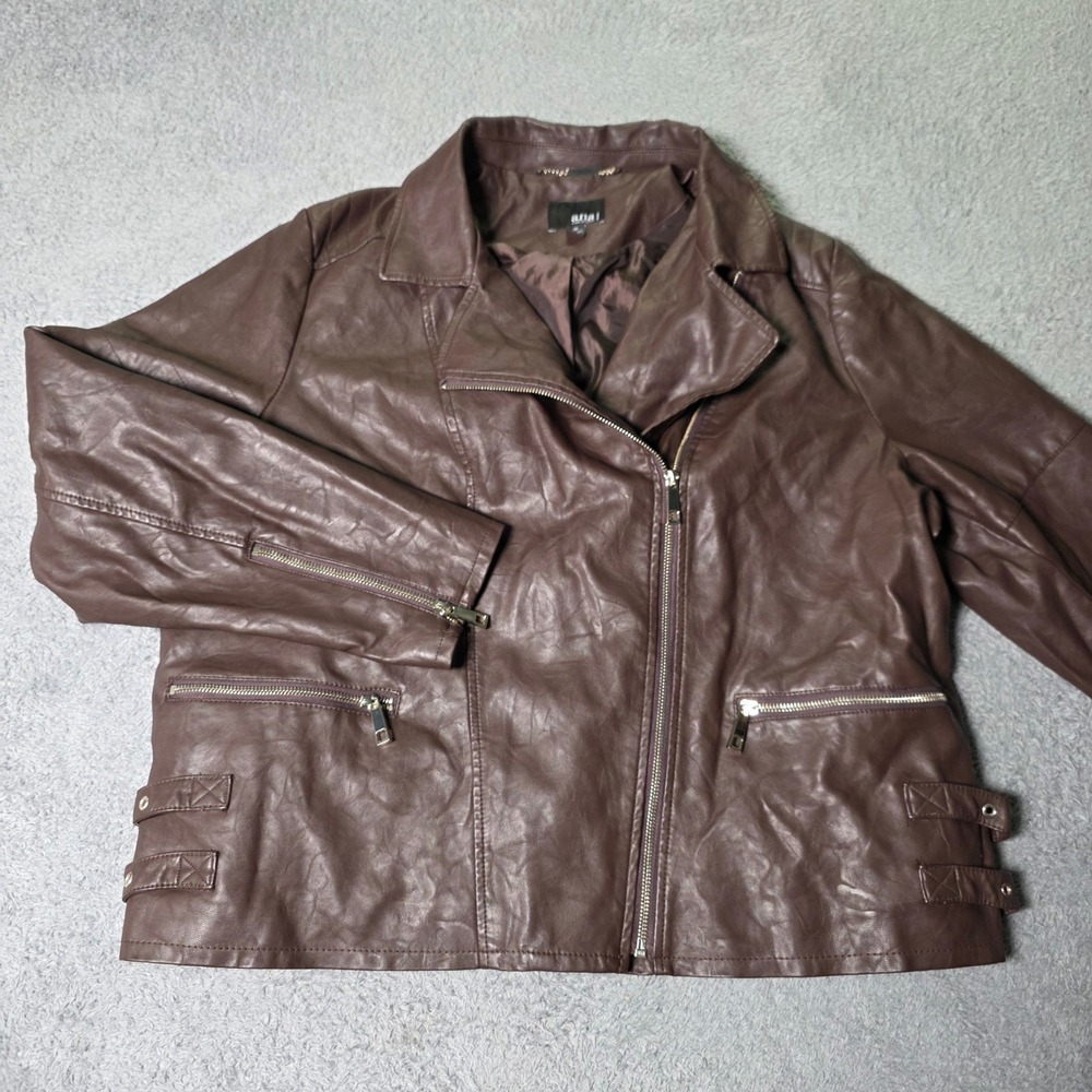 a.n.a Woman 1X Moto Jacket Brown Faux Leather Quilted Asymmetric Zip Biker